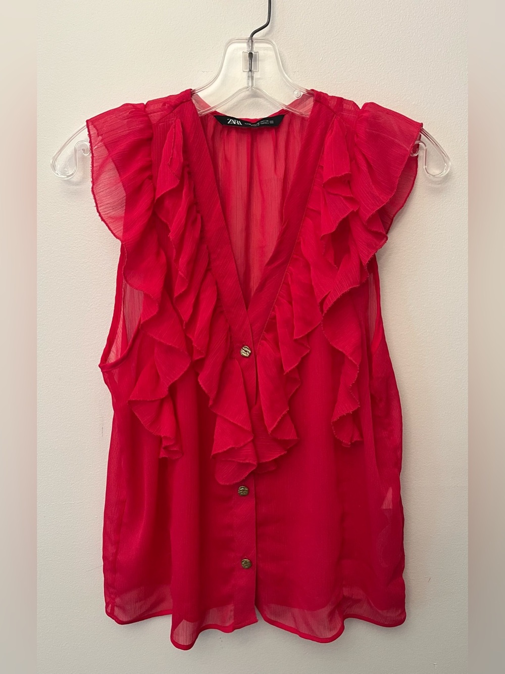 Zara Hot Pink Sheer Sleeveless Gold Button Blouse Size M